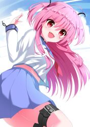 Rule 34 | 1girl, :d, ahoge, angel beats!, black choker, blue skirt, blush, choker, commentary, cowboy shot, eyes visible through hair, fangs, foreshortening, from below, hair between eyes, hand up, highres, long hair, long sleeves, looking at viewer, miniskirt, neckerchief, open mouth, pink hair, pink neckerchief, pleated skirt, red eyes, shinda sekai sensen uniform, shirt, sidelocks, simple background, skirt, smile, smug, solo, straight hair, thigh strap, two side up, v-shaped eyebrows, very long hair, white background, white shirt, yoanium, yui (angel beats!)