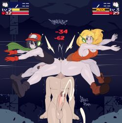 Rule 34 | 1girl, 2boys, absurdres, androgynous, ass, ass-to-ass, bisexual male, black hair, blonde hair, blue eyes, blush, boots, bottomless, breasts, captain kirb, cleavage, cum, curly brace, curvy, doukutsu monogatari, ejaculation, erection, eyebrows hidden by hair, eyelashes, gameplay mechanics, gloves, handsfree ejaculation, hat, highres, indoors, large breasts, large penis, long hair, looking at another, looking back, motion lines, multiple boys, nude, orgasm, penis, quote (doukutsu monogatari), robot, robot boy, robot ears, robot girl, ruins, scarf, shirt, sitting, sitting on face, sitting on person, sweat, tank top, testicles, thick thighs, thighs, toned, twitching, twitching penis, uncensored, veins, veiny penis, wide hips