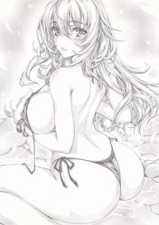 Rule 34 | 1girl, ass, atago (kancolle), bangle, bikini, blush, bracelet, breasts, graphite (medium), greyscale, holding, holding clothes, holding swimsuit, jewelry, kantai collection, long hair, looking at viewer, looking back, mikuro, monochrome, side-tie bikini bottom, sideboob, sitting, solo, swimsuit, thighs, traditional media, untied bikini, wariza, water