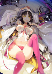 Rule 34 | 1girl, :d, absurdres, armpits, bare shoulders, black hair, blush, boots, breasts, canegouzi, collarbone, detached sleeves, facial mark, fangs, fate/grand order, fate (series), forehead mark, habit, highres, horns, long hair, looking at viewer, lying, medium breasts, navel, on back, open mouth, panties, parted bangs, pink panties, pink thighhighs, revealing clothes, sessyoin kiara, sideboob, smile, solo, stomach, tattoo, thigh boots, thighhighs, tongue, tongue out, underwear, veil, very long hair, wavy hair, wide sleeves, yellow eyes