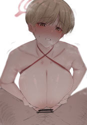 Rule 34 | 1boy, 1girl, absurdres, bar censor, blue archive, blush, breasts, brown eyes, brown hair, censored, cleavage, collarbone, criss-cross halter, fuzinoe 13b, halo, halterneck, hetero, highres, large breasts, looking at viewer, male pubic hair, marina (blue archive), nipples, paizuri, penis, pubic hair, ribbon, short hair, simple background, solo focus, steam, sweat, white background