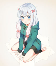 Rule 34 | 1girl, absurdres, angdo (kakajo26), aqua jacket, bare legs, barefoot, between legs, blue eyes, blush, bow, brown background, closed mouth, commentary request, eromanga sensei, from above, hair bow, highres, hood, hood down, hooded jacket, izumi sagiri, jacket, long hair, long sleeves, looking at viewer, paper, pink bow, sanpaku, sidelocks, silver hair, sitting, sleeves past wrists, smile, solo, thighs, wariza
