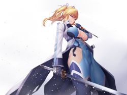 Rule 34 | 1girl, blonde hair, blue background, blue eyes, bodysuit, breasts, cleavage, coat, cowboy shot, curvy, female focus, holding, holding sword, holding weapon, kageshio (276006), large breasts, long hair, looking at viewer, no bra, shinganji kurenai, shiny skin, solo, standing, sword, taimanin (series), taimanin kurenai, thighhighs, thighs, trench coat, twintails, weapon