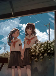 Rule 34 | 2girls, absurdres, black hair, black skirt, blue sky, brown eyes, closed mouth, cloud, commentary request, highres, holding hands, inami hatoko, long hair, looking at another, looking at viewer, multiple girls, neckerchief, original, outdoors, ponytail, power lines, red eyes, red neckerchief, sailor collar, school uniform, serafuku, short sleeves, skirt, sky, smile, standing, transmission tower, utility pole, white sailor collar, white serafuku