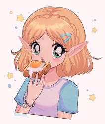 Rule 34 | 1990s (style), 1girl, blonde hair, blue shirt, blush, bracelet, braid, bread, bread slice, breasts, chellyko, collarbone, eating, egg, flower, food, fried egg, green eyes, hair ornament, hairclip, highres, holding, jewelry, looking at viewer, nintendo, open mouth, pointy ears, princess zelda, raglan sleeves, retro artstyle, shirt, short hair, short sleeves, small breasts, star (symbol), the legend of zelda, the legend of zelda: breath of the wild, toast, upper body, white background