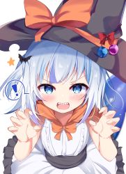 Rule 34 | !, 1girl, absurdres, black hat, blue eyes, blue hair, bow, claw pose, fins, fish tail, frilled skirt, frills, gawr gura, grey hair, hands up, hat, hat bow, highres, hololive, hololive english, looking at viewer, multicolored hair, nagomi yayado, orange bow, shark tail, shirt, simple background, skirt, sleeveless, sleeveless shirt, solo, spoken exclamation mark, star (symbol), streaked hair, tail, v-shaped eyebrows, virtual youtuber, white background, white shirt, white skirt, witch hat