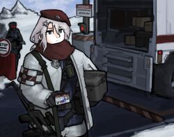 Rule 34 | 1boy, 1girl, 9a-91, 9a-91 (girls&#039; frontline), alternate costume, assault rifle, beret, blue eyes, box, card, codename: bakery girl, commentary, english commentary, english text, girls&#039; frontline, gnom na korable, grey hair, griffin &amp; kryuger, gun, gun sling, hair ornament, hat, highres, holding, holding box, holding card, holding gun, holding weapon, id card, jacket, motor vehicle, red scarf, reverse collapse (series), rifle, russian text, scarf, scope, shorts, sign, star (symbol), star hair ornament, translated, truck, warning sign, weapon, white jacket, white shorts