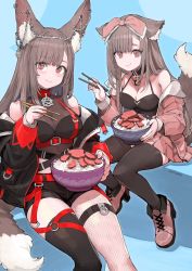 Rule 34 | 2girls, animal ear fluff, animal ears, artist name, asymmetrical legwear, bell, belt, black camisole, black collar, black jacket, black shorts, black thighhighs, blue background, blunt bangs, blush, bodystocking, bow, bowl, breasts, brown eyes, brown hair, camisole, cat ears, chain, cheek bulge, chopsticks, cleavage, closed mouth, collar, commentary, commission, crop top, cross-laced footwear, dual persona, ear chain, eating, english commentary, feet out of frame, fishnet pantyhose, fishnets, food, fox ears, full body, hair bow, highres, holding, holding bowl, holding chopsticks, indie virtual youtuber, jacket, jun (navigavi), long hair, looking at viewer, meat, medium breasts, miniskirt, mismatched legwear, multiple girls, neck bell, o-ring, off shoulder, open clothes, open jacket, pantyhose, pentagram, pink bow, pink footwear, pink jacket, pink skirt, pleated skirt, red belt, red collar, rice, rumihime, short shorts, shorts, signature, simple background, single leg pantyhose, sitting, skeb commission, skirt, slit pupils, smile, straight hair, thighhighs, virtual youtuber, zettai ryouiki