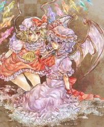 Rule 34 | 2girls, arm support, bad id, bad pixiv id, bat wings, blonde hair, checkered background, claws, dress, fangs, female focus, fingernails, flandre scarlet, frilled dress, frills, hat, hat ribbon, long fingernails, madogawa, marker (medium), multiple girls, open mouth, purple hair, remilia scarlet, ribbon, short hair, short sleeves, siblings, sisters, sitting, touhou, traditional media, wings, wrist cuffs