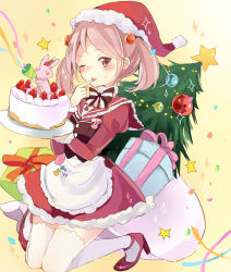 Rule 34 | 10s, 1girl, absurdres, apron, bad id, bad pixiv id, bow, bowtie, cake, chiyu (cotoritori), christmas, christmas tree, dress, food, food on face, fur trim, gift, hair bobbles, hair ornament, hat, highres, kantai collection, licking, licking hand, long sleeves, looking at viewer, maid, maid apron, one eye closed, pink eyes, pink hair, puffy long sleeves, puffy sleeves, rabbit, red dress, sack, santa costume, santa hat, sazanami (kancolle), solo, star (symbol), thighhighs, twintails, white thighhighs