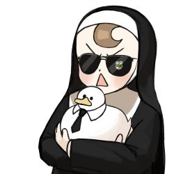 Rule 34 | 1girl, animal, bird, black necktie, blonde hair, borrowed character, brown hair, commentary, crossover, detached collar, diva (hyxpk), duck, facing viewer, froggy nun (diva), grey background, highres, holding, holding animal, little nuns (diva), long sleeves, mafiaduck (nilan), necktie, nun, open mouth, original, simple background, sunglasses, traditional nun, triangle mouth