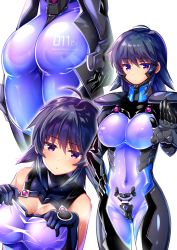 Rule 34 | 1girl, ahoge, ak1222dece, arms at sides, ass, ayamine kei, black bodysuit, blue bodysuit, blue hair, bodysuit, breasts, cameltoe, cleavage, cleft of venus, closed mouth, clothes writing, covered collarbone, covered erect nipples, covered navel, cowboy shot, fortified suit, from behind, grey bodysuit, hand on own hip, hand up, highres, jitome, large breasts, looking at viewer, medium hair, multicolored bodysuit, multicolored clothes, multiple views, muv-luv, muv-luv alternative, open hand, parted lips, purple eyes, romaji text, shiny clothes, simple background, skin tight, spiked hair, standing, steam, sweat, translated, undressing, white background
