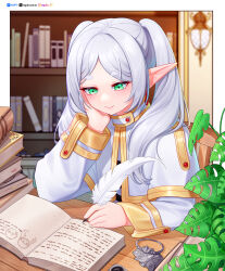 Rule 34 | 1girl, absurdres, book, book stack, bookshelf, commentary, drawing (object), dress, egalo, english commentary, fern (sousou no frieren), frieren, green eyes, highres, holding, holding quill, indoors, long hair, long sleeves, plant, pointy ears, quill, solo, sousou no frieren, stark (sousou no frieren), thick eyebrows, twintails, white dress, white hair