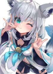Rule 34 | 1girl, animal ear fluff, animal ears, black shorts, blue neckerchief, blush, braid, commentary request, detached sleeves, double fox shadow puppet, earrings, fox ears, fox girl, fox shadow puppet, fox tail, from above, green eyes, hair between eyes, highres, hololive, hood, hoodie, jewelry, key, long hair, looking at viewer, mamoru (mamoru jinja), midriff, navel, neckerchief, one eye closed, pentagram, shirakami fubuki, shirakami fubuki (1st costume), short shorts, shorts, sidelocks, simple background, single braid, smile, solo, tail, virtual youtuber, white background, white hair, white hoodie