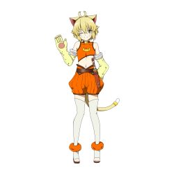 Rule 34 | 1girl, ;), animal ears, ankle cuffs, argo the rat, blonde hair, brown eyes, cat ears, cat tail, collarbone, crop top, elbow gloves, full body, gloves, grey thighhighs, hair between eyes, head tilt, highres, looking at viewer, midriff, navel, one eye closed, orange shirt, orange shorts, puffy shorts, shirt, short hair, shorts, slit pupils, smile, solo, standing, stomach, striped clothes, striped shorts, sword art online, sword art online: memory defrag, tail, thighhighs, toeless legwear, transparent background, vertical-striped clothes, vertical-striped shorts, waving, wink, yellow gloves, zettai ryouiki