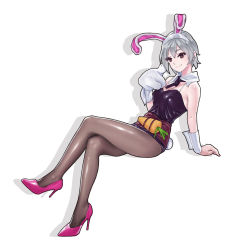 Rule 34 | 1girl, animal ears, battle bunny riven, carrot, detached collar, fake animal ears, full body, gloves, high heels, jey rain, league of legends, pantyhose, pink footwear, pink heels, playboy bunny, rabbit ears, rabbit tail, red eyes, riven (league of legends), shoes, short hair, silver hair, simple background, single glove, smile, solo, tail, white background, wrist cuffs