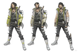 Rule 34 | 1boy, apex legends, asian, belt, black eyes, black headwear, black pants, black shirt, blonde hair, boots, brown belt, clenched hands, collarbone, commentary, concept art, crypto (apex legends), dreadlocks, english commentary, fingerless gloves, frown, full body, gloves, gradient hair, green vest, grey footwear, grey gloves, grey jacket, hair between eyes, hethe srodawa, jacket, jewelry, male focus, medium hair, multicolored hair, necklace, official art, pants, parted lips, production art, prototype design, shirt, simple background, sleeves past wrists, variations, vest, white background