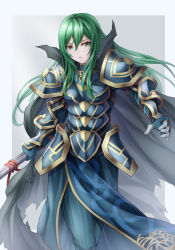 Rule 34 | 1girl, alm (fire emblem), alm (fire emblem) (cosplay), armor, black cape, blue armor, blue gloves, blue pants, boobplate, breastplate, breasts, cape, cosplay, eyelashes, fake horns, faulds, fire emblem, fire emblem: path of radiance, fire emblem echoes: shadows of valentia, floating hair, gloves, green eyes, green hair, hair between eyes, high collar, holding, holding polearm, holding weapon, horns, long hair, medium breasts, nephenee (fire emblem), nintendo, pants, parted lips, pauldrons, polearm, shoulder armor, solo, striped clothes, striped gloves, striped pants, ten (tenchan man), torn cape, torn clothes, vambraces, vertical-striped clothes, vertical-striped gloves, vertical-striped pants, weapon
