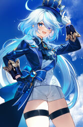 Rule 34 | 1girl, absurdres, arm up, ascot, asymmetrical gloves, black ascot, black gloves, blue eyes, blue gemstone, blue hair, blue hat, blue jacket, blue sky, brooch, chen ying (alan-yut), cloud, cowboy shot, cowlick, day, furina (genshin impact), gem, genshin impact, gloves, hand on own hip, hand up, hat, highres, holding, holding clothes, holding hat, jacket, jewelry, light blue hair, long hair, looking at viewer, mismatched gloves, mismatched pupils, open mouth, shorts, skindentation, sky, solo, teeth, thigh strap, top hat, upper teeth only, white gloves, white shorts