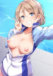 Rule 34 | 1girl, blue eyes, blush, breasts, breasts out, brown hair, cowboy shot, from above, grin, hair between eyes, head tilt, highres, jacket, kanabun, large breasts, looking at viewer, love live!, love live! sunshine!!, medium breasts, naked jacket, nipples, outstretched arm, pool, poolside, reaching, reaching towards viewer, selfie, short hair, smile, solo, tile floor, tiles, w, watanabe you, water, wet
