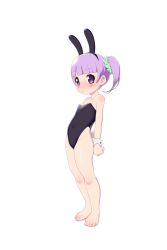 Rule 34 | 1girl, animal ears, barefoot, blue eyes, blush, fake animal ears, feet, female focus, highres, leotard, looking at viewer, maidforge, manaka non, playboy bunny, pretty series, pripara, purple hair, rabbit ears, simple background, solo, standing, toes, white background