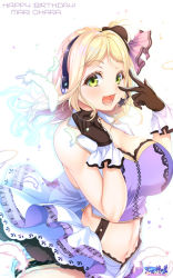 Rule 34 | 1girl, artist name, artist request, bare shoulders, black gloves, blonde hair, blush, braid, breasts, brown eyes, cleavage, collared shirt, cowboy shot, crown braid, dress, feathers, female focus, frilled dress, frills, gloves, hair rings, hairbraid, headphones, headset, hozumi kaoru, large breasts, looking at viewer, love live!, love live! school idol festival, love live! sunshine!!, musical note, musical note print, ohara mari, parted lips, shirt, short hair, smile, solo, white background, white feathers, white shirt, yellow eyes