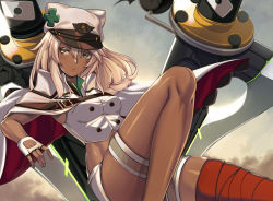Rule 34 | 1girl, bandages, bandaged leg, bandages, cape, clover, dark-skinned female, dark skin, fingerless gloves, floating, floating object, floating sword, floating weapon, four-leaf clover, gloves, guilty gear, guilty gear strive, leg up, long hair, looking to the side, midriff, orange eyes, platinum blonde hair, ramlethal valentine, short shorts, shorts, sitting, sword, takanashi-a, thigh strap, weapon, white headwear, yellow eyes