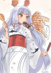 Rule 34 | 10s, 1boy, 1girl, admiral (kancolle), alternate costume, artist name, blunt bangs, commentary request, food, hair ornament, hair ribbon, headgear, heart, heart-shaped pupils, holding, holding food, ikayaki, japanese clothes, kantai collection, kimono, long hair, long sleeves, mouth hold, murakumo (kancolle), ribbon, sauce, sensen, symbol-shaped pupils, t-head admiral, tress ribbon, white background, yukata