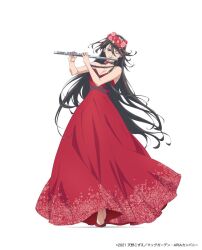 Rule 34 | 1girl, akira ferrari, alternate costume, aria (manga), bare shoulders, black hair, breasts, collarbone, copyright name, copyright notice, dress, floral print, flower, flute, full body, hair flower, hair ornament, hands up, high heels, highres, holding, holding instrument, instrument, long dress, long hair, looking at viewer, medium breasts, music, nail polish, official art, one eye closed, playing instrument, print dress, red dress, red footwear, red nails, simple background, sleeveless, sleeveless dress, solo, strapless, strapless dress, toe cleavage, white background