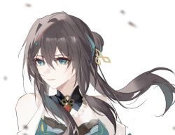 Rule 34 | 1girl, aqua eyes, bare shoulders, breasts, brown corset, brown hair, chinese clothes, cleavage, closed mouth, corset, detached sleeves, gloves, hair between eyes, hair intakes, hair ornament, highres, honkai: star rail, honkai (series), jiuchuansi, leaf, long hair, looking to the side, medium breasts, ruan mei, ruan mei (honkai: star rail), simple background, smile, solo, white background