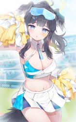 Rule 34 | 1girl, :o, animal ears, bare shoulders, black hair, blue archive, blue eyes, blush, breasts, bright pupils, cheerleader, cleavage, cowboy shot, crop top, detached collar, dog ears, dog girl, dog tail, eyewear on head, goggles, goggles on head, halo, halterneck, hand up, hibiki (blue archive), hibiki (cheer squad) (blue archive), holding, holding pom poms, long hair, looking at viewer, medium breasts, millennium cheerleader outfit (blue archive), miniskirt, navel, official alternate costume, pom pom (cheerleading), pom poms, ponytail, shitsu (kurikaesi), skirt, solo, stadium, star sticker, sticker on face, tail, text print, white skirt, yellow halo