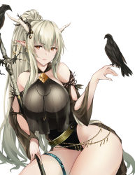 Rule 34 | 1girl, absurdres, arknights, artist name, bare legs, bare tree, bird, bird on hand, black one-piece swimsuit, breasts, closed mouth, commentary, crow, dated, demon horns, hair between eyes, highres, horns, jewelry, large breasts, light smile, lips, long hair, looking at viewer, nevven, official alternate costume, one-piece swimsuit, outdoors, pointy ears, ponytail, red eyes, shining (arknights), shining (silent night) (arknights), silver hair, simple background, sitting, smile, solo, staff, swimsuit, thick thighs, thigh strap, thighs, tree, white background
