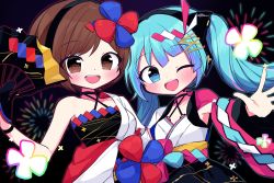 Rule 34 | 2girls, aqua hair, bare shoulders, black background, blunt bangs, blush, bow, brown eyes, brown hair, commentary, criss-cross halter, folding fan, hair bow, hair ornament, halterneck, hand fan, hatsune miku, highres, holding, holding fan, japanese clothes, kasaki sakura, kimono, long hair, looking at viewer, magical mirai (vocaloid), magical mirai meiko, magical mirai miku, magical mirai miku (2020 summer), meiko (vocaloid), multiple girls, one eye closed, open mouth, outstretched arm, pink sleeves, side-by-side, single sleeve, smile, twintails, upper body, very long hair, vocaloid, white kimono, wide sleeves, yukata