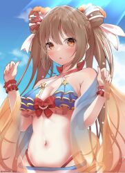 Rule 34 | 1girl, :o, bikini, blue bikini, blue sky, blush, brown hair, cloud, cloudy sky, highres, long hair, looking at viewer, navel, nozomi (princess connect!), open mouth, outdoors, princess connect!, red ribbon, ribbon, sky, solo, standing, stomach, swimsuit, tomo (tomosa011326)