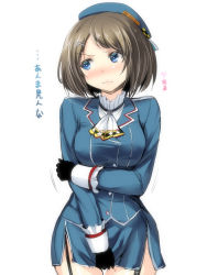 Rule 34 | 1girl, alternate costume, ascot, beret, black gloves, blue eyes, blush, breast hold, breasts, brown hair, cosplay, covering privates, covering crotch, garter straps, gin&#039;ichi (akacia), gloves, hair ornament, hairclip, hat, highres, kantai collection, large breasts, maya (kancolle), short hair, simple background, sketch, solo, takao (kancolle), takao (kancolle) (cosplay), translated, uniform, wavy mouth, white background