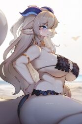 Rule 34 | 1girl, absurdres, armlet, beach, bikini, black bikini, blue eyes, blue horns, blurry, blurry background, body fur, breasts, closed mouth, commentary, commentary request, english commentary, frilled bikini, frills, furry, furry female, grey fur, highres, horns, large breasts, long hair, ocean, original, outdoors, sitting, solo, swimsuit, thighs, whooo-ya