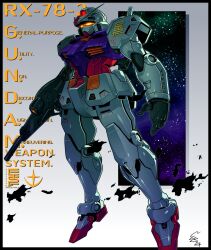Rule 34 | 2024, arms at sides, beam rifle, black border, border, character name, earth federation space forces, energy gun, english text, ethandoesathing, full body, glowing, glowing eyes, gun, gundam, highres, holding, holding gun, holding weapon, looking ahead, mecha, mecha focus, mobile suit, mobile suit gundam, no humans, open hand, outside border, redesign, robot, romaji commentary, rx-78-2, science fiction, signature, solo, v-fin, weapon, yellow eyes