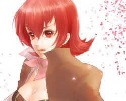 Rule 34 | 1girl, breasts, cleavage, iria animi, jacket, lips, red eyes, red hair, scarf, short hair, solo, tales of (series), tales of innocence