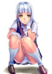 Rule 34 | 10s, 1girl, bad id, bad pixiv id, blue hair, brown hair, cameltoe, dodai shouji, hand on own cheek, hand on own face, hatsukaze (kancolle), highres, kantai collection, kneehighs, loafers, long hair, panties, pantyshot, shoes, simple background, socks, solo, squatting, underwear, vest, white background, white panties, white socks