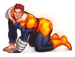 Rule 34 | 1boy, all fours, arm hair, armor, ass, bara, beard, blue bodysuit, blush, bodysuit, boku no hero academia, draw your babygirl (meme), endeavor (boku no hero academia), facial hair, full body, large pectorals, long sleeves, looking at viewer, lotus emilie, male focus, mature male, meme, muscular, muscular male, pauldrons, pectorals, short hair, shoulder armor, sideburns, single pauldron, solo, stubble, torn bodysuit, torn clothes, vambraces, watermark, white background