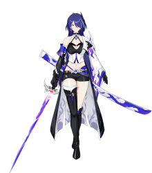 Rule 34 | 1girl, 7 haofuyin, absurdres, acheron (honkai: star rail), asymmetrical footwear, belt, black choker, black footwear, black gloves, black shorts, boots, choker, coat, commentary request, elbow gloves, full body, gloves, hair ornament, highres, holding, holding sword, holding weapon, honkai: star rail, honkai (series), long hair, looking at viewer, midriff, navel, purple eyes, purple hair, scabbard, sheath, short shorts, shorts, simple background, single bare shoulder, solo, standing, stomach, sword, thigh boots, thighs, very long hair, weapon, white background, white coat