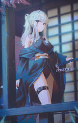 Rule 34 | 1girl, absurdres, bare shoulders, belt, black leotard, blue eyes, blue kimono, breasts, closed mouth, domi (hongsung0819), earrings, grey hair, highres, holding, holding sword, holding weapon, japanese clothes, jewelry, kimono, leotard, long hair, medium breasts, obi, off shoulder, original, ponytail, sash, sideways glance, solo, standing, sword, thigh belt, thigh strap, weapon