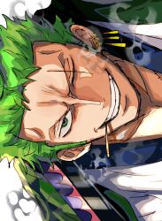 Rule 34 | 1boy, a00xm, green hair, grin, highres, japanese clothes, kimono, looking at viewer, male focus, official alternate costume, one piece, portrait, roronoa zoro, scar, scar across eye, short hair, sideburns, sideways, smile, smoking, smoking pipe, solo