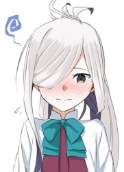 Rule 34 | 1girl, ahoge, asashimo (kancolle), blush, bow, bowtie, close-up, commentary request, gradient hair, grey eyes, hair over one eye, halterneck, kantai collection, long hair, moti coi, multicolored hair, ponytail, school uniform, shirt, silver hair, simple background, solo, squiggle, upper body, white background, white shirt