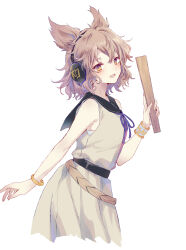 1girl belt black_belt black_sailor_collar bracelet breasts brown_eyes commentary_request dress earmuffs gold highres jewelry light_brown_hair medium_hair neck_ribbon pointy_hair purple_ribbon ribbon ritual_baton sailor_collar small_breasts solo touhou toyosatomimi_no_miko uranaishi_(miraura) white_dress