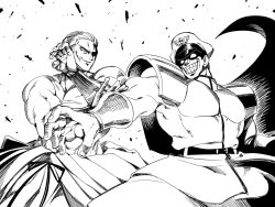 Rule 34 | 2boys, capcom vs snk 2, cape, closed mouth, commentary request, crossover, fatal fury, geese howard, greyscale, hat, highres, japanese clothes, m. bison, male focus, monochrome, multiple boys, muscular, open mouth, peaked cap, ryuuko no ken, shaded face, simple background, smile, street fighter, the king of fighters, topless male, tukiwani, white background
