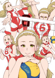 Rule 34 | 1girl, :d, arms up, artist name, ball, blocking, blonde hair, clenched hands, closed mouth, commentary, girls und panzer, glaring, hair pulled back, hair tie, hairband, highres, holding, holding ball, knee pads, long hair, looking at viewer, open mouth, ponytail, red shirt, red shorts, red socks, sasaki akebi, satou yasu, shirt, shoes, short shorts, shorts, signature, simple background, single vertical stripe, sleeveless, sleeveless shirt, smile, sneakers, socks, spiking, sportswear, volleyball, volleyball (object), volleyball net, volleyball uniform, white background, white footwear, white hairband, yellow eyes