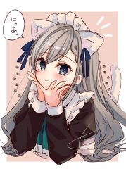 Rule 34 | 1girl, :t, alternate costume, animal ears, asymmetrical bangs, blush, braid, braided bangs, cat ears, cat tail, cropped torso, dress, enmaided, fake animal ears, grey hair, hands on own cheeks, hands on own face, highres, hisakawa hayate, idolmaster, idolmaster cinderella girls, long hair, long sleeves, looking at viewer, maid, maid headdress, notice lines, paw print, pinafore dress, puffy long sleeves, puffy sleeves, rino cnc, simple background, sleeveless dress, smile, solo, speech bubble, tail, two-tone background, very long hair