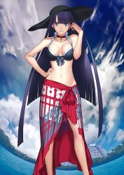 Rule 34 | 1girl, bikini, black bikini, black hair, blue eyes, blunt bangs, breasts, cleavage, collarbone, cross, detached sleeves, fate/grand order, fate (series), hand in own hair, hand on own hip, hat, highres, hime cut, long hair, looking at viewer, martha (fate), martha (swimsuit ruler) (fate), martha (swimsuit ruler) (first ascension) (fate), medium breasts, navel, official art, sakamoto mineji, sarong, solo, swimsuit