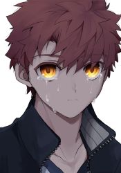 Rule 34 | bright pupils, crying, crying with eyes open, emiya shirou, fate/stay night, fate (series), highres, jacket, kamo 0707, male focus, open clothes, open jacket, portrait, red hair, sad, simple background, solo, tears, white background, yellow eyes